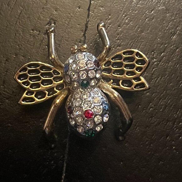 Jewelry - Vintage Gold and Silver Tone Rhinestone Bee Brooch with Enamel Textured Wings